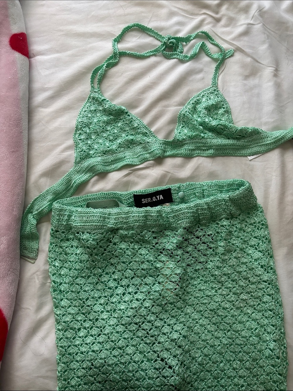 SER.O.YA Light Green Crochet Bralette and Skirt Set